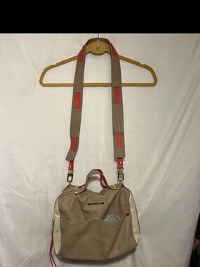 Steve Madden Taupe and Cream Crossbody Bag with herringbone lining & red accents